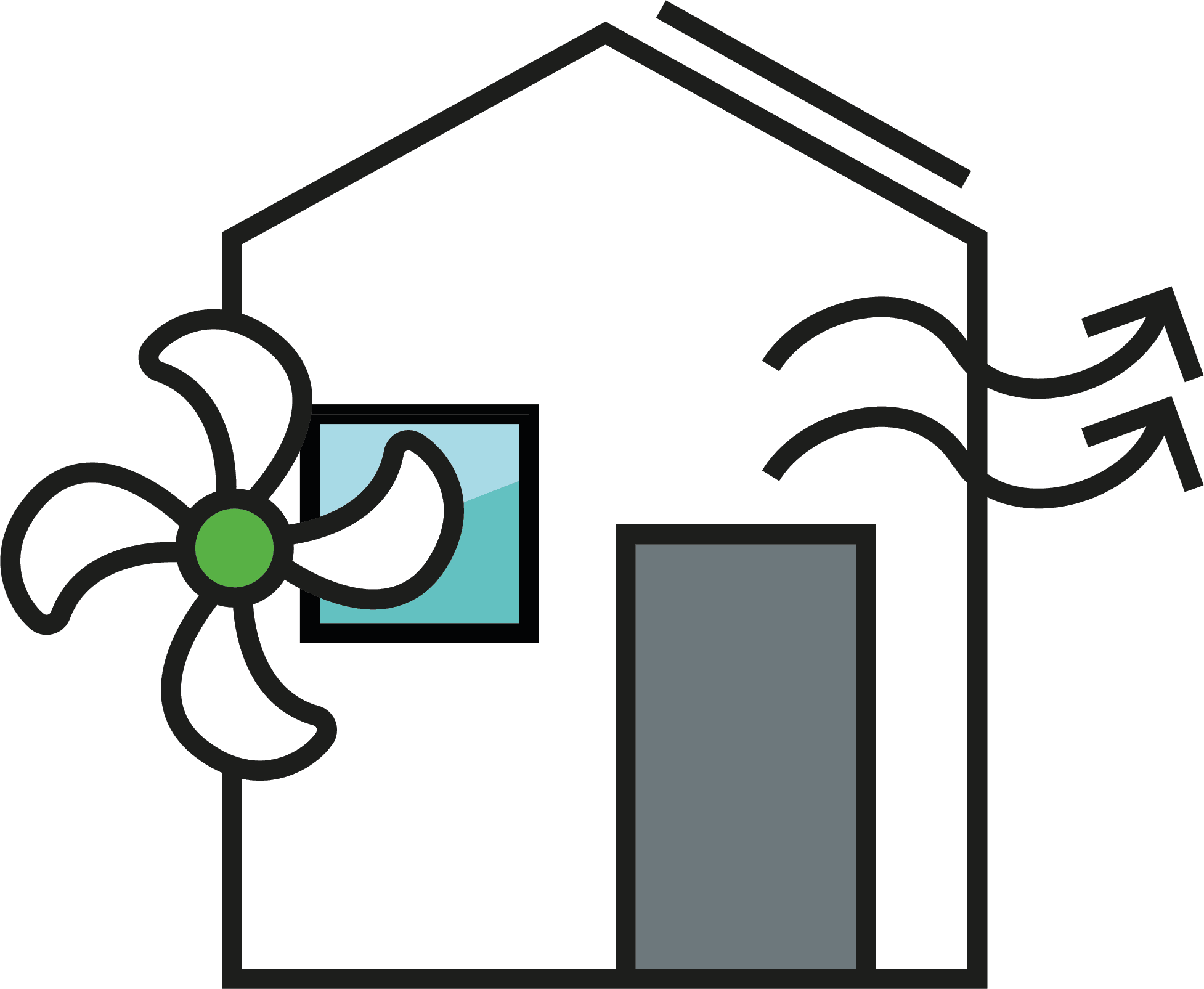 Piktogramm eines Hauses mit Ventilator – Symbol für kontrollierte Wohnraumlüftung und Lüftungskonzepte