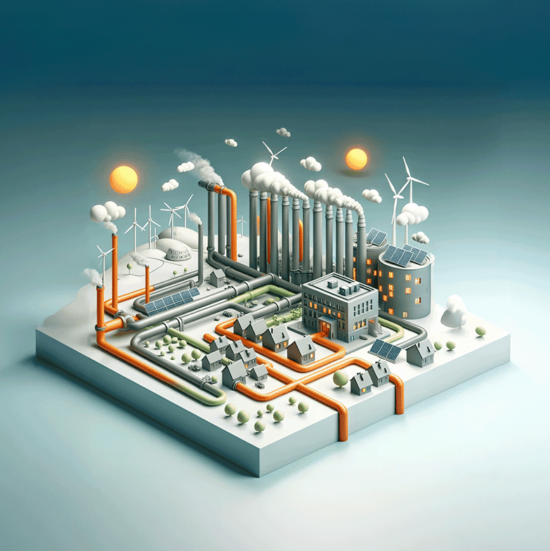 Grafische Darstellung eines Wärmenetzes mit Windkraftanlagen, Solarpanels, Industrieanlagen und Wohnhäusern zur Visualisierung kommunaler Wärmeplanung