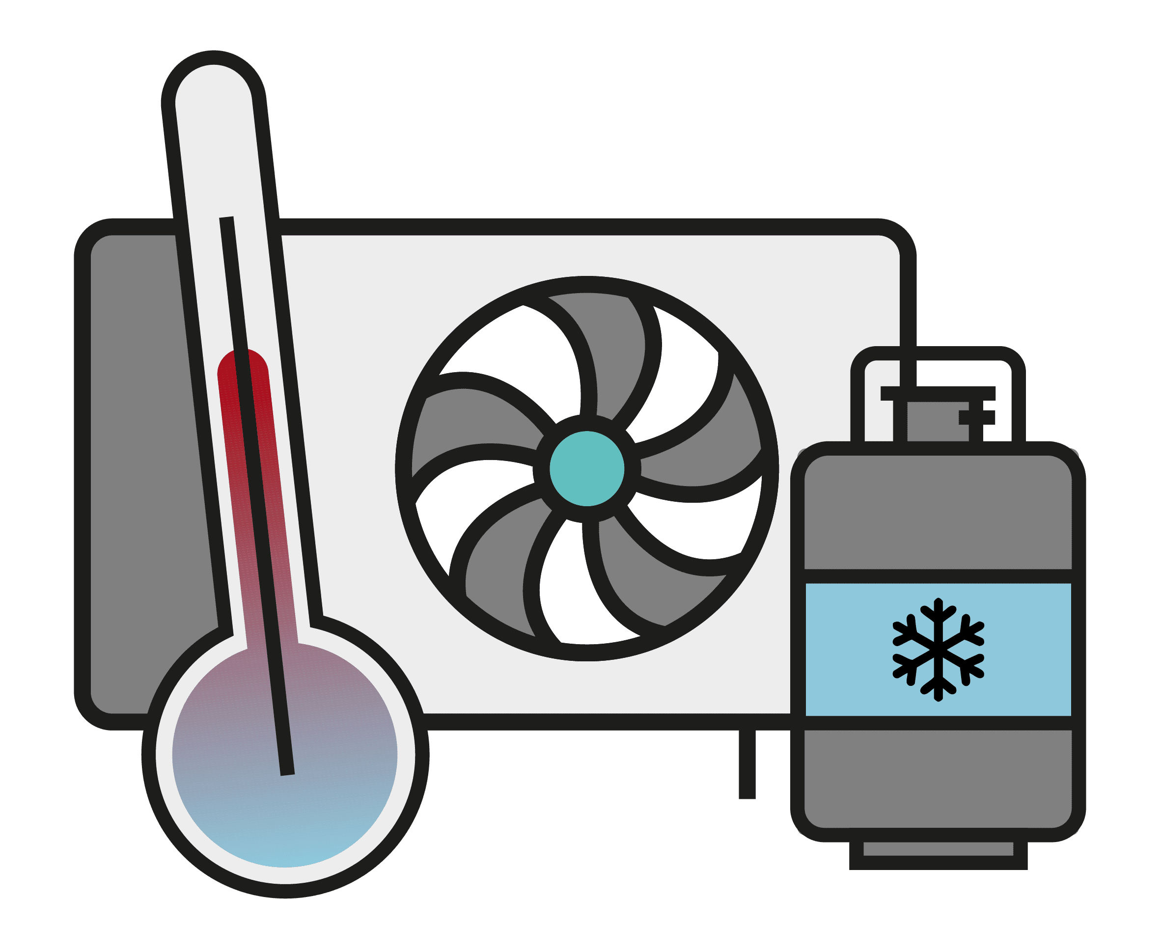 Serverraum mit Klimatisierung, Kühlmittel und Thermometer.