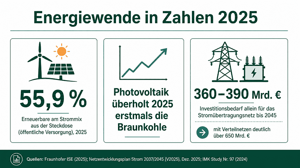 Grafik zur Energiewende 2025 mit Statistiken und Investitionen.